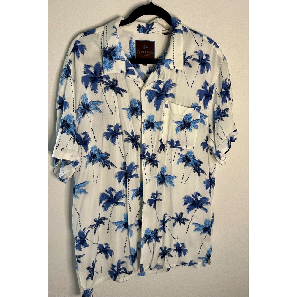 Tattershall Palm Tree Print‎ Rayon Camp Shirt Vacation Casual White Blue L